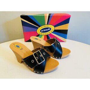 Dr Scholls Women Size 5 Wood High Heel Clog Sandal Black Leather New Italy